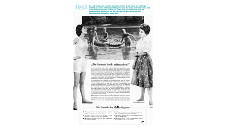 Imaginea ilustrează o reclamă la tampoanele O.B. din anul 1952.