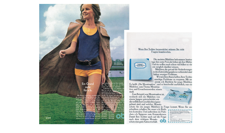 Imagine care conține pagini din reviste care promovează apariția tamponului O.B. mini.