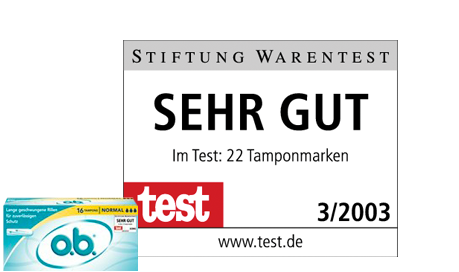 Imagine care conține poza produsului și calificativul dat de Stiftung Warentest tamponului o.b.® Normal cu canale spiralate.