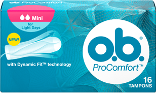 Imagine cu un pachet de tampoane O.B.® ProComfort™ Mini. Produsul are două picături, ceea ce indică faptul că este recomandat pentru zilele cu flux redus sau celor care au început să folosească tampoane interne de puţin timp.