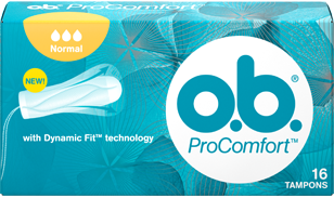 Imagine cu un pachet de tampoane O.B.® ProComfort™ Normal. Produsul are trei picături, care indică faptul că este adecvat pentru zilele cu flux mediu spre abundent.