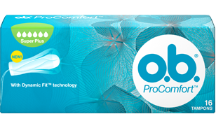 Imagine cu un pachet de tampoane O.B.® ProComfort™ SuperPlus. Produsul are şase picături, care indică faptul că este adecvat pentru zilele cu flux foarte abundent.