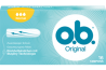Imagine cu un pachet de tampoane O.B.® Original Normal. Produsul are trei picături, care indică faptul că este adecvat pentru zilele cu flux redus spre mediu.