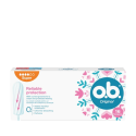 Imagine cu un pachet de tampoane O.B.® Original Super. Produsul are patru picături, care indică faptul că este adecvat pentru zilele cu flux mediu spre abundent.